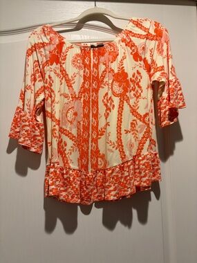 Style & Co. Cream Blouse with Bright Orange Floral Print